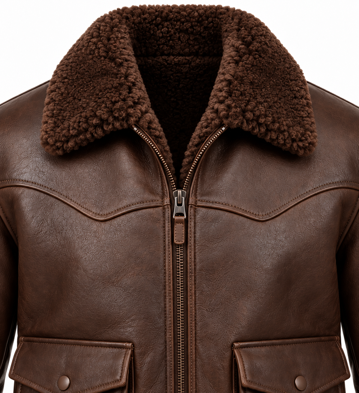 SH059 men's brown shearling jacket detail view
