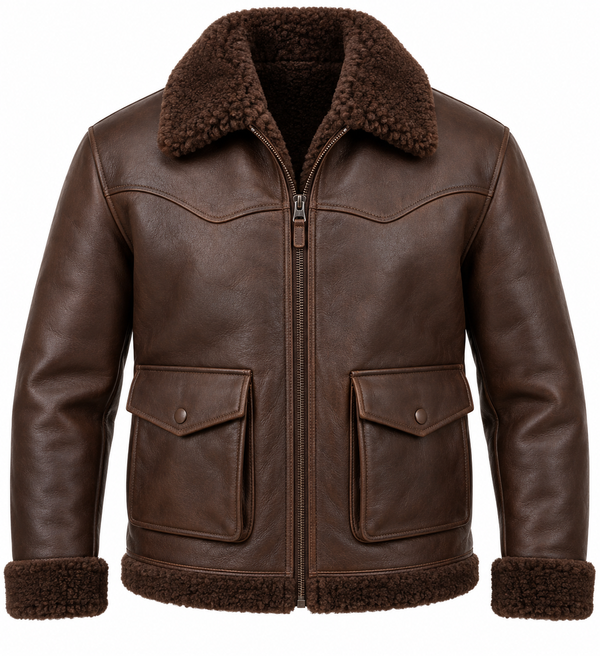 SH059 men's brown shearling jacket front view