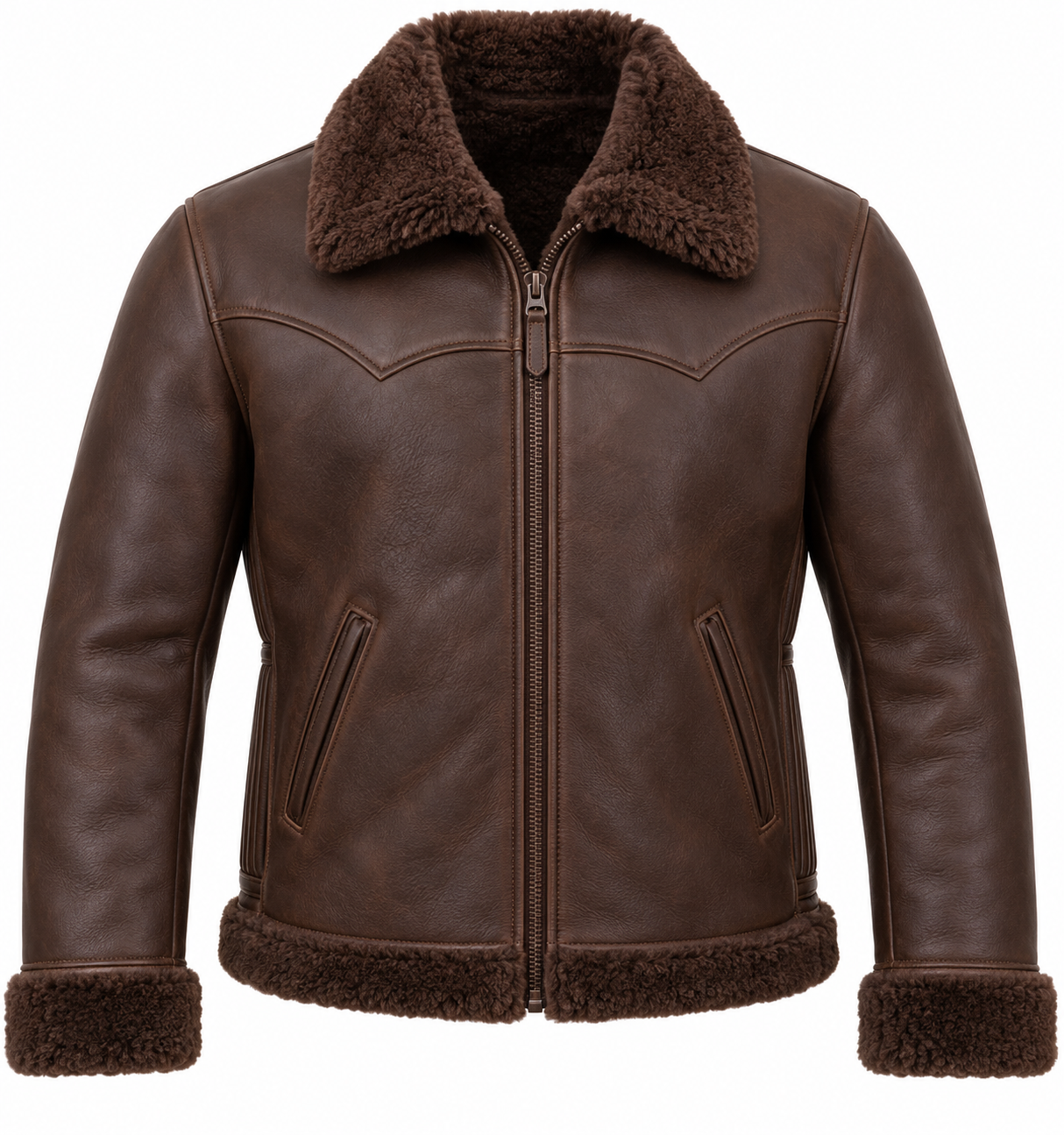 SH060 men's brown shearling jacket front view