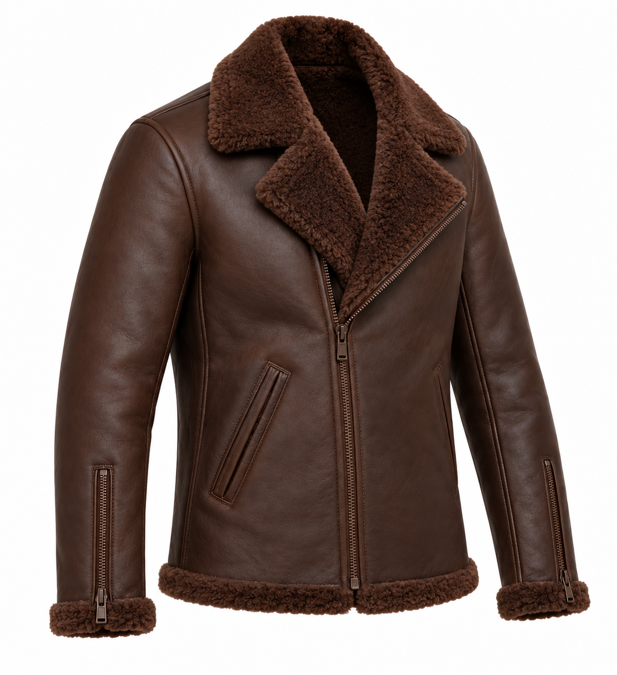 SH061 men's brown shearling jacket angle view