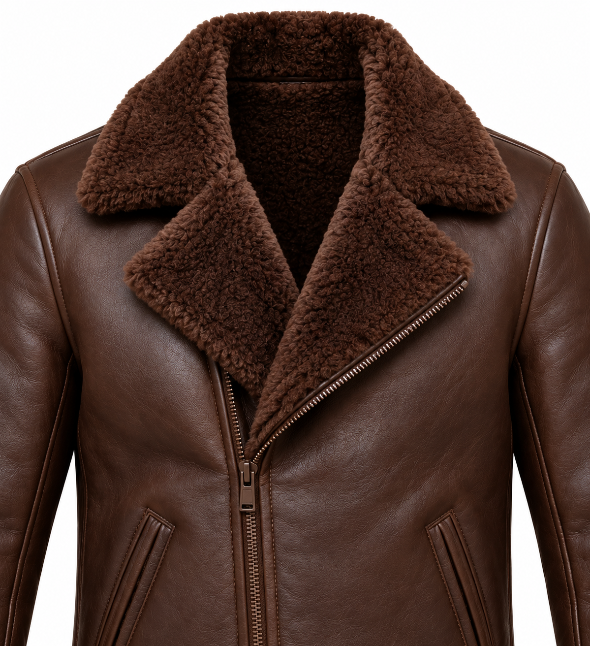 SH061 men's brown shearling jacket detail view
