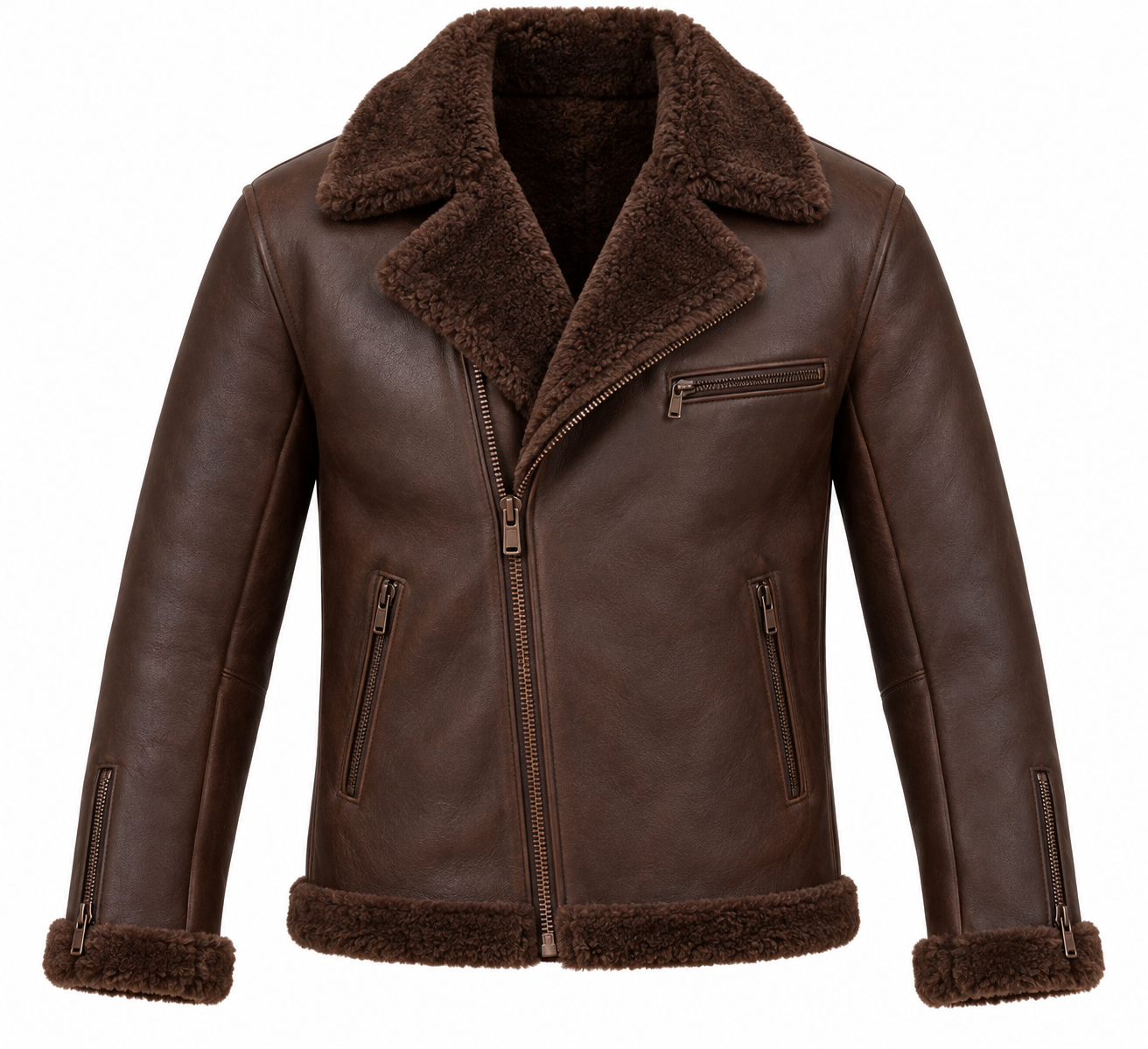SH062 men's brown shearling jacket front view