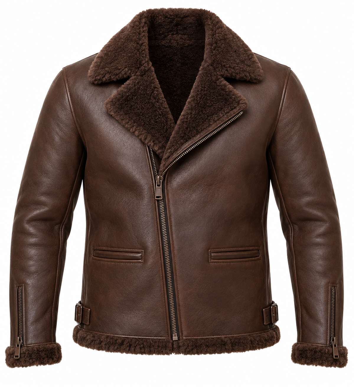SH063 men's brown shearling jacket front view