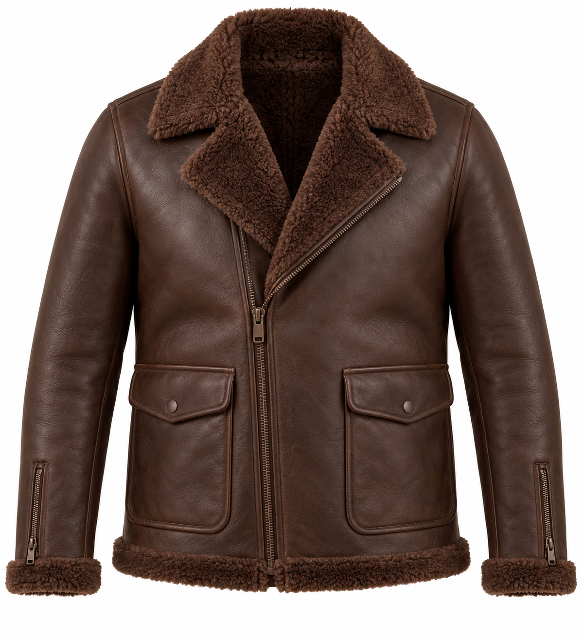 SH064 men's brown shearling jacket front view