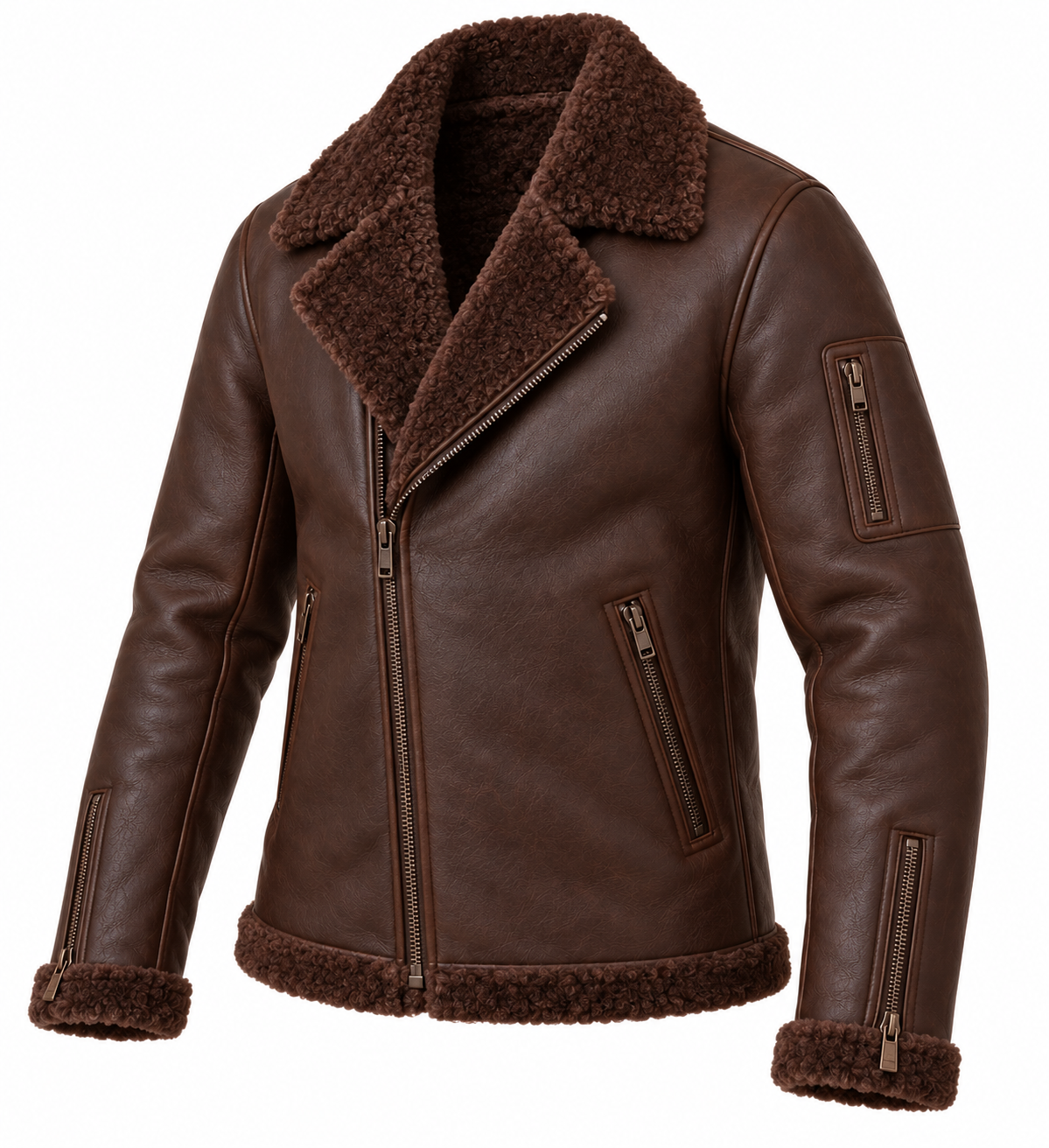 SH066 men's brown shearling jacket angle view