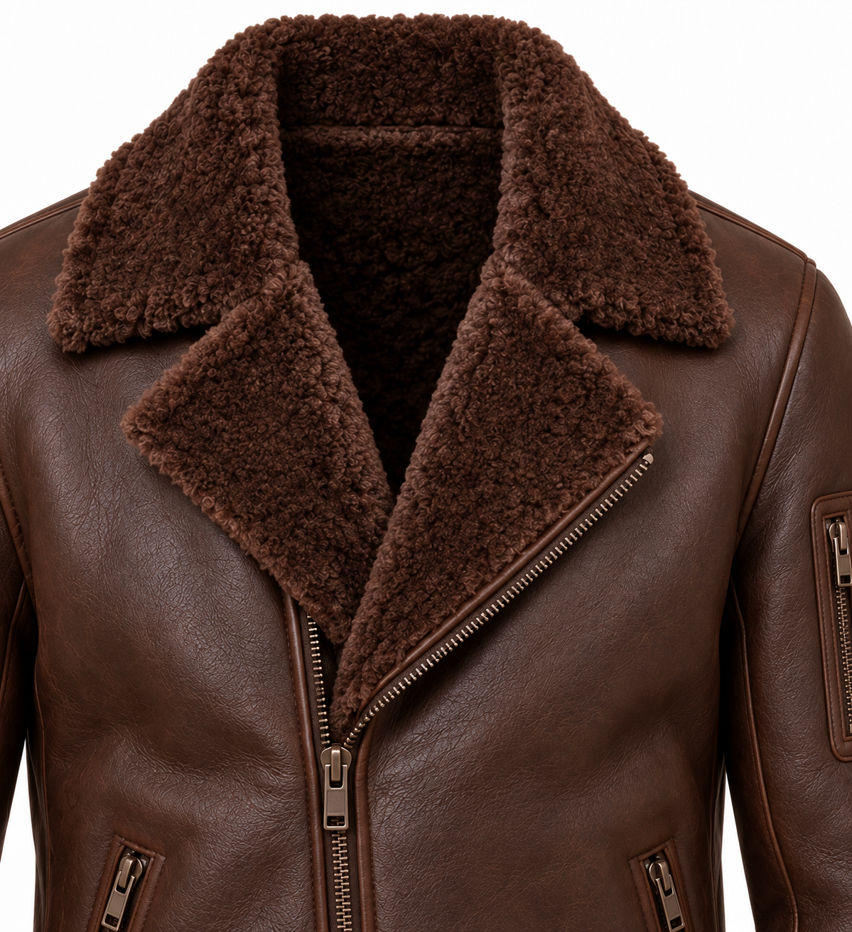 SH066 men's brown shearling jacket detail view