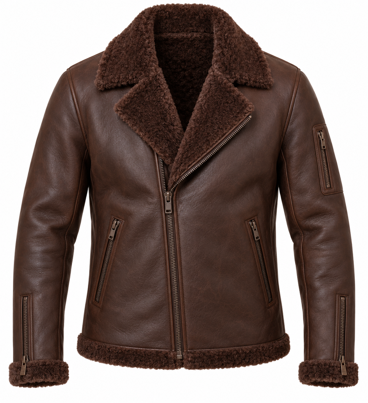 SH066 men's brown shearling jacket front view