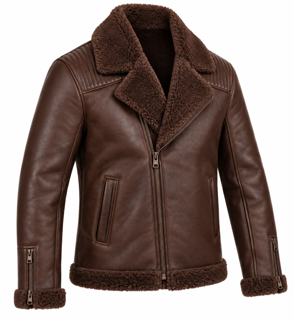 SH067 men's brown shearling jacket angle view