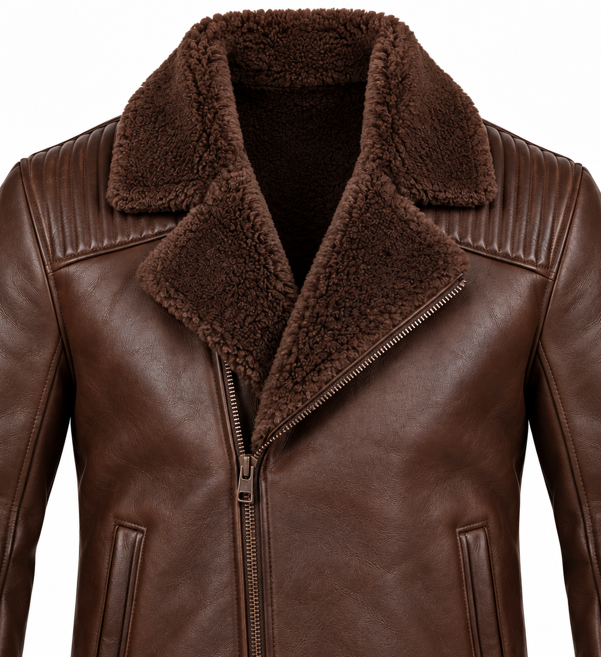 SH067 men's brown shearling jacket detail view