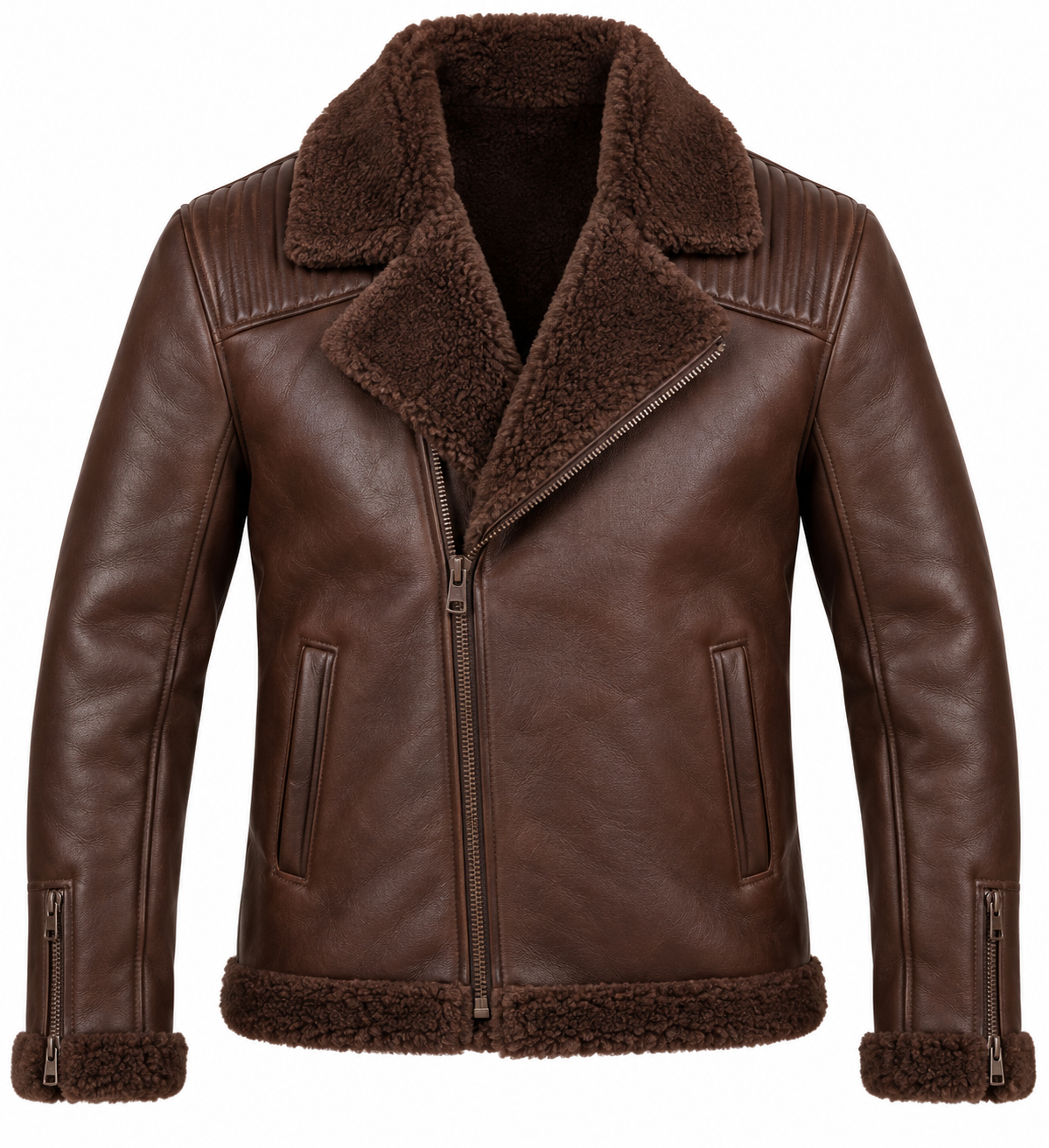 SH067 men's brown shearling jacket front view
