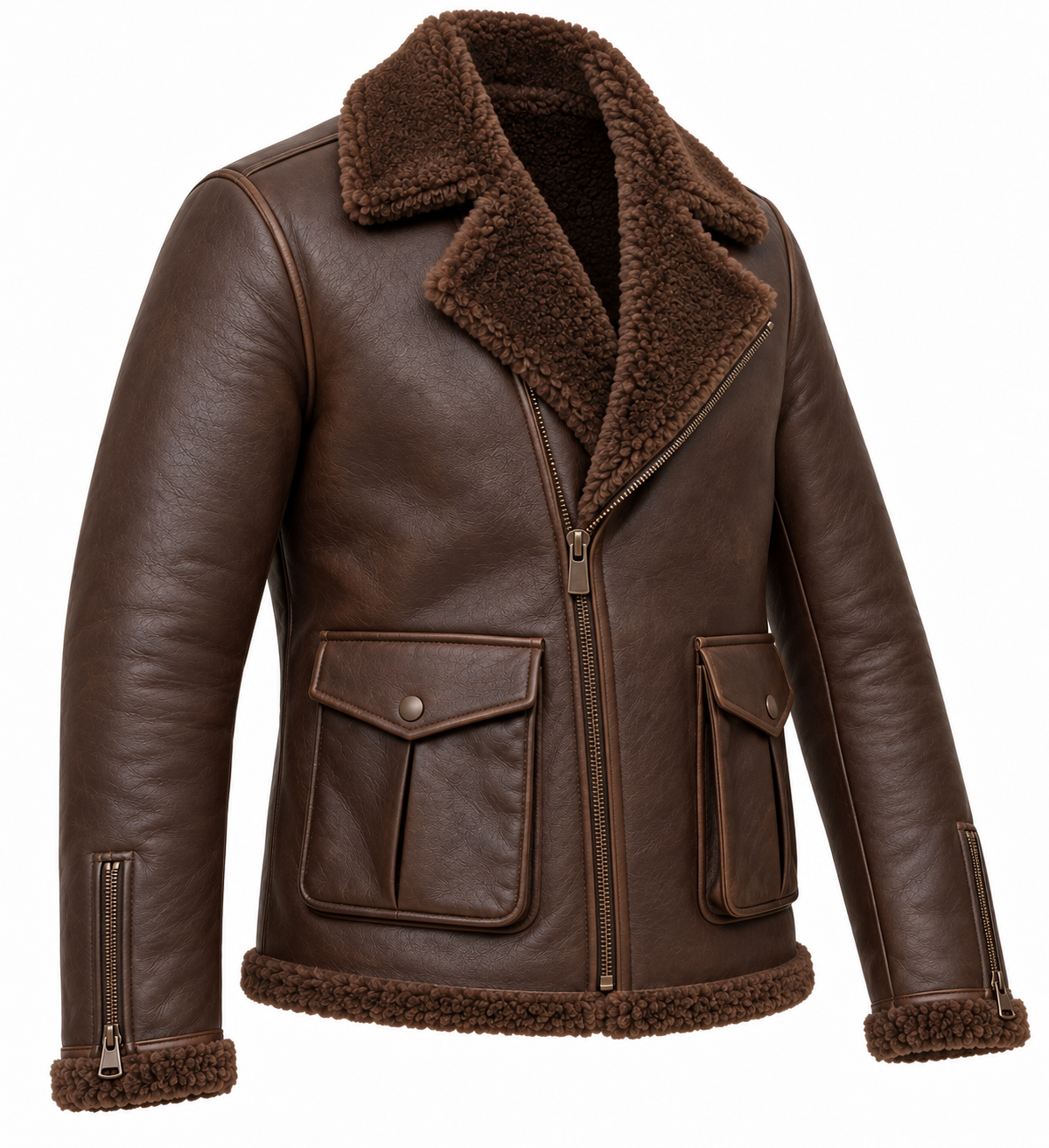 SH069 men's brown shearling jacket angle view