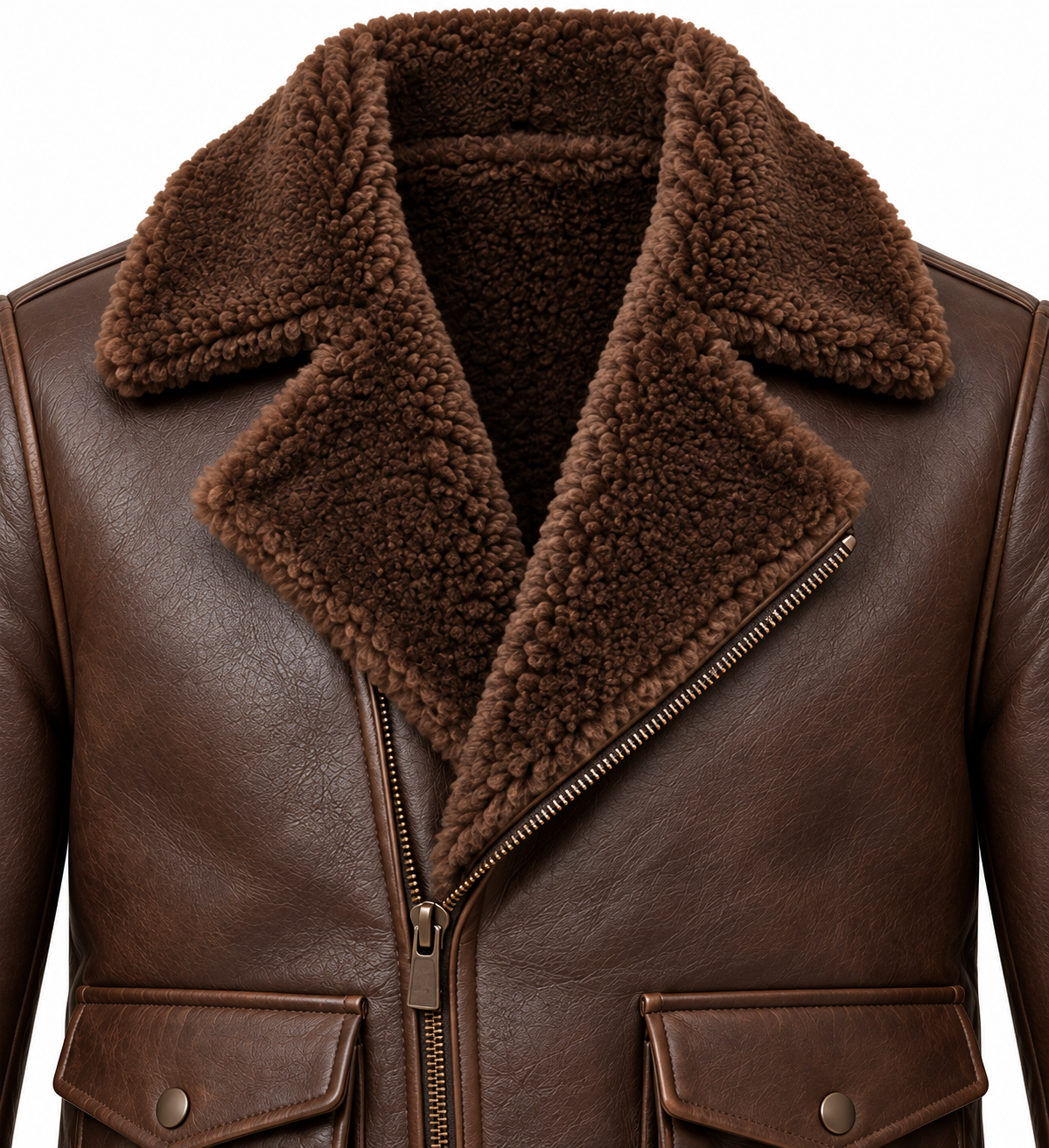 SH069 men's brown shearling jacket detail view