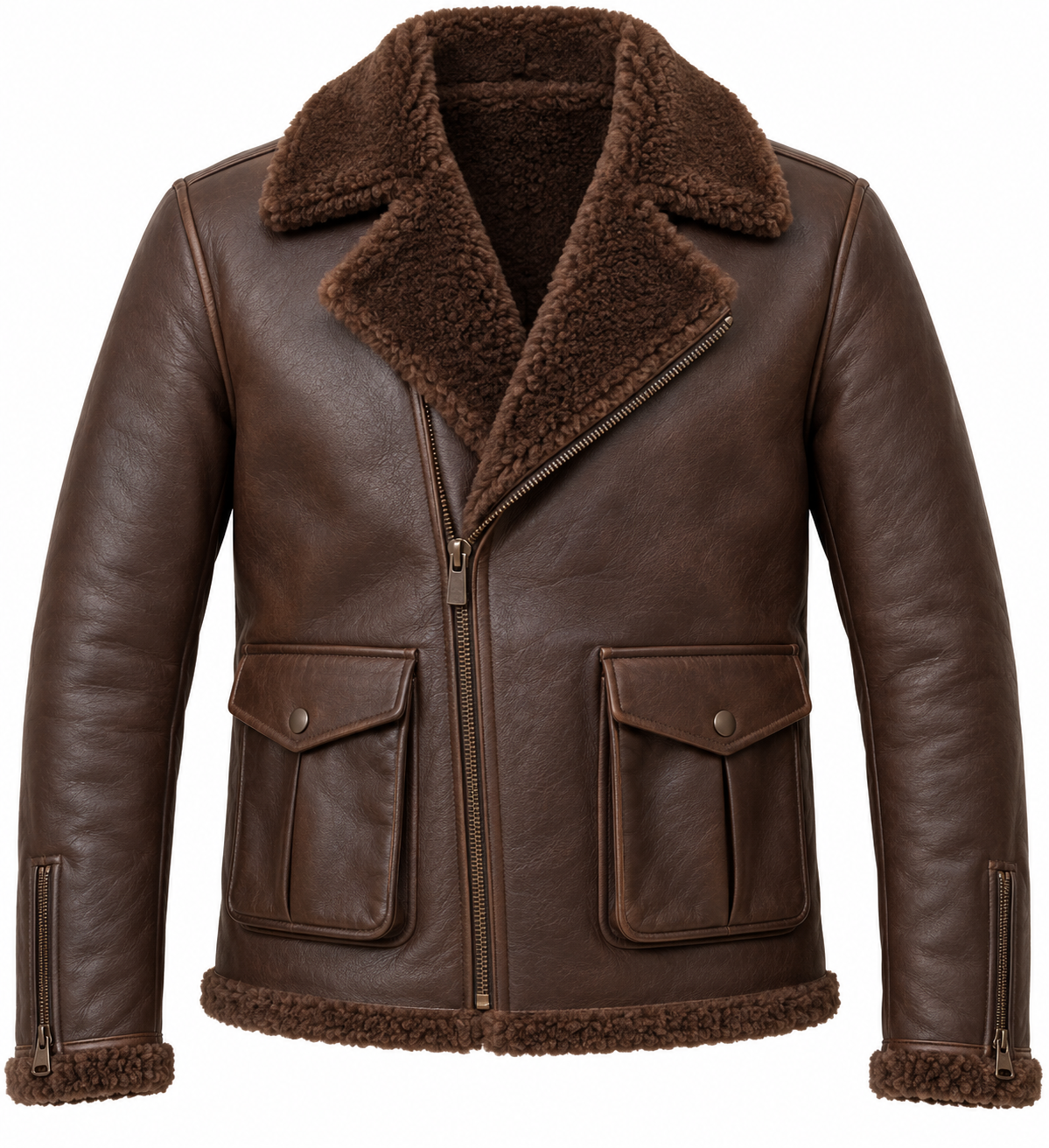 SH069 men's brown shearling jacket front view