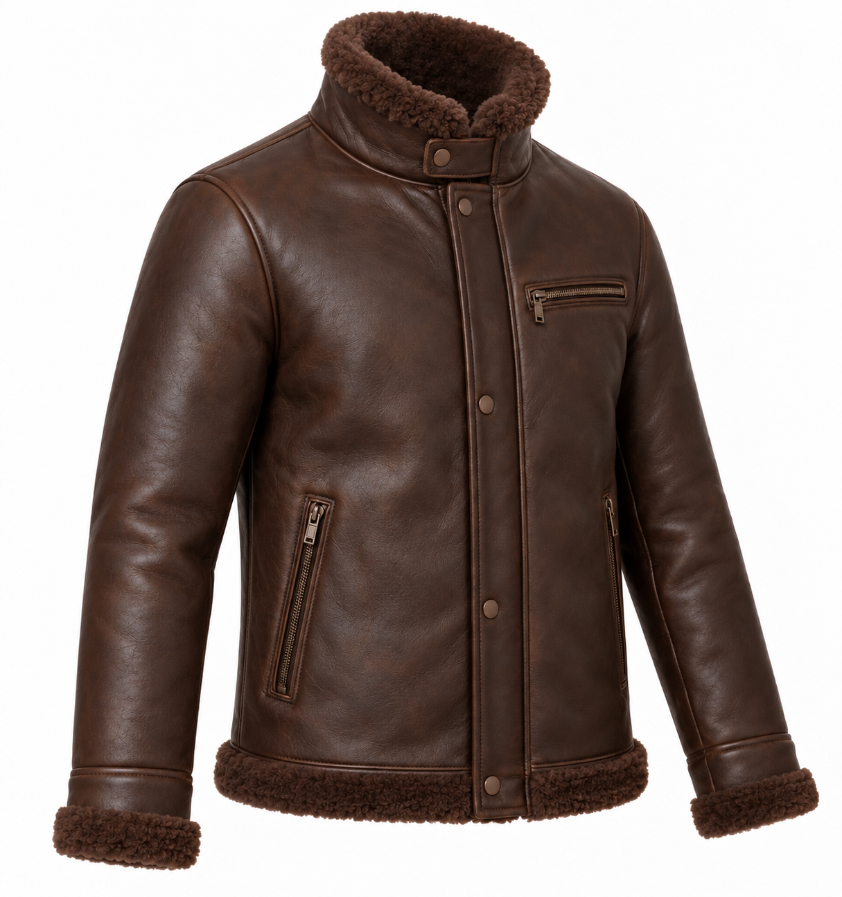 SH072 men's brown shearling jacket angle view