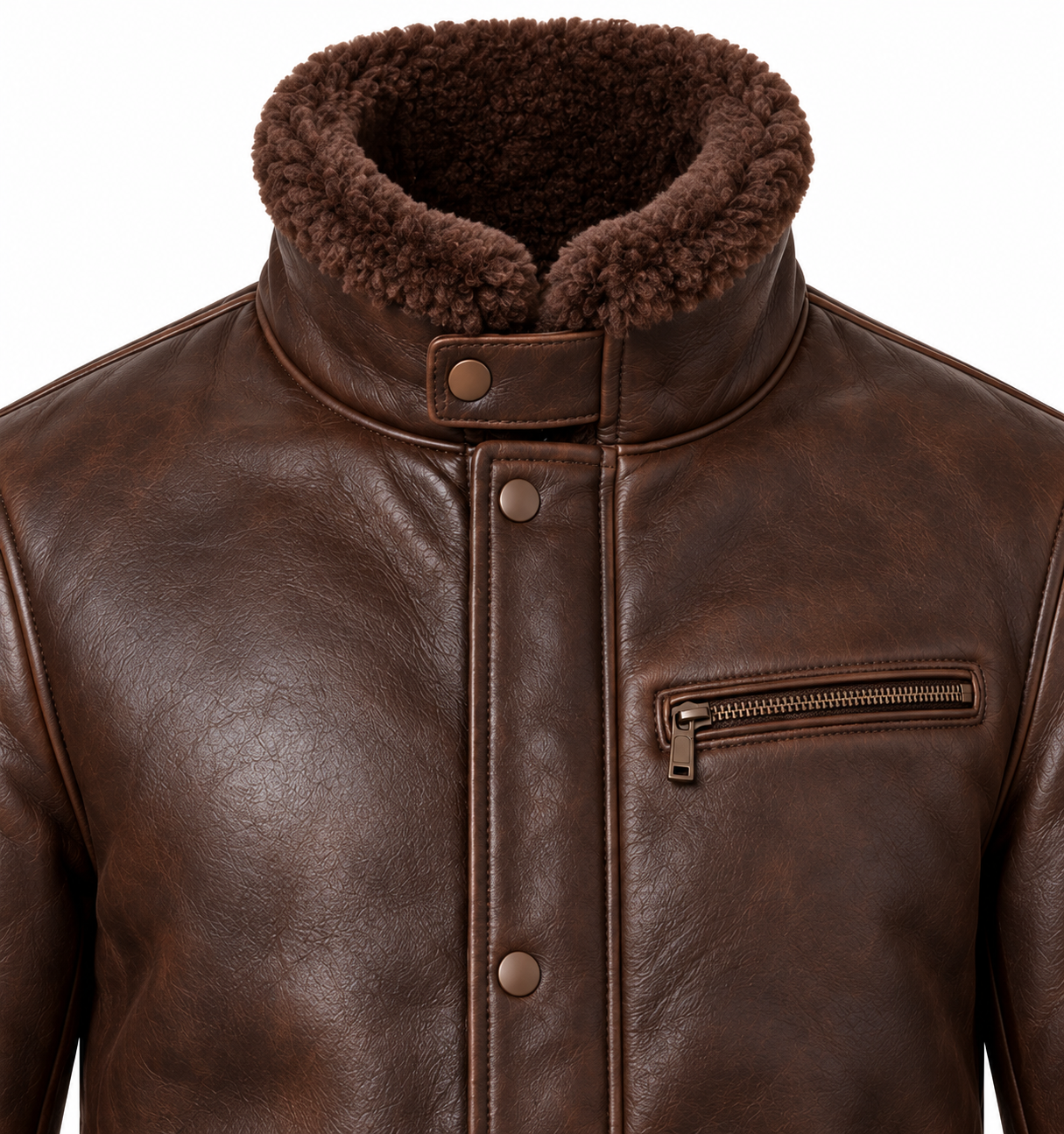 SH072 men's brown shearling jacket detail view