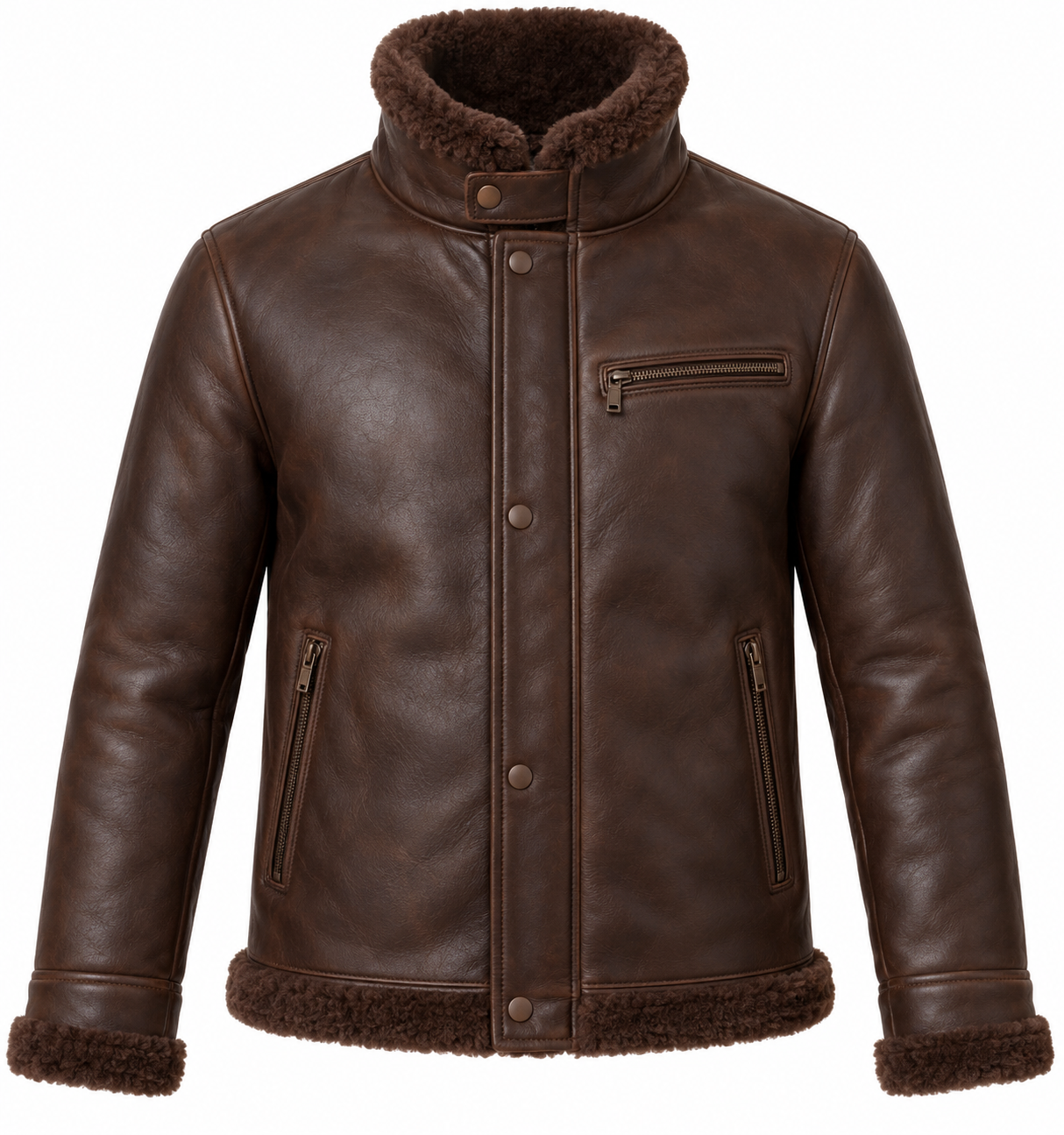 SH072 men's brown shearling jacket front view