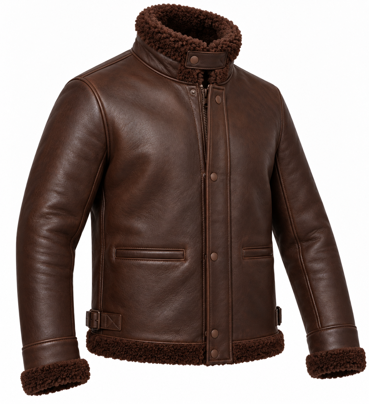 SH073 men's brown shearling jacket angle view