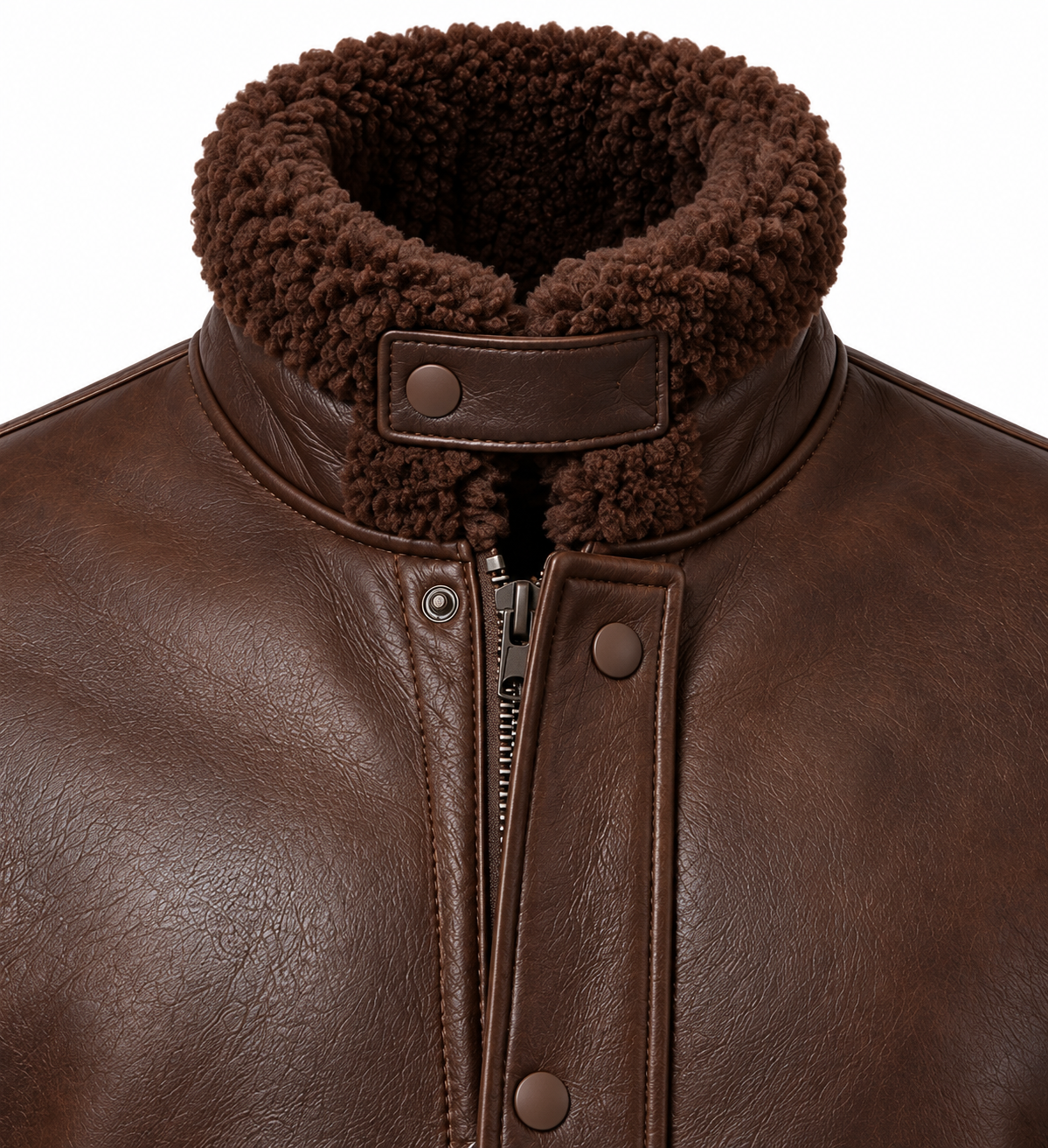 SH073 men's brown shearling jacket detail view