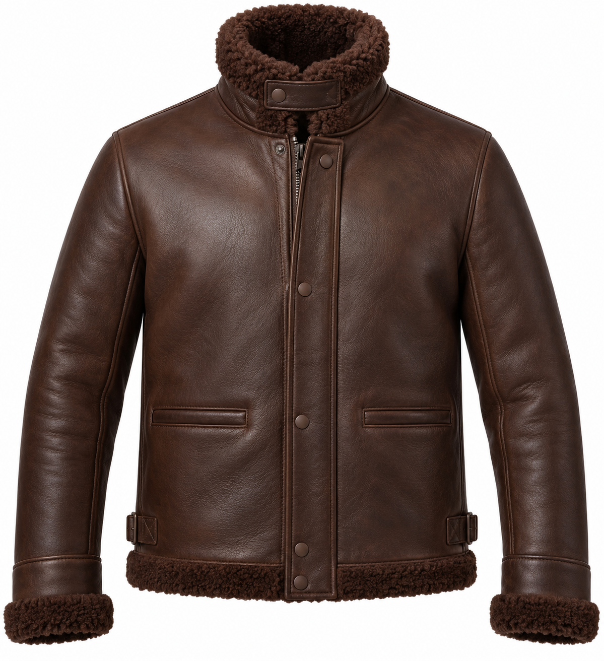 SH073 men's brown shearling jacket front view