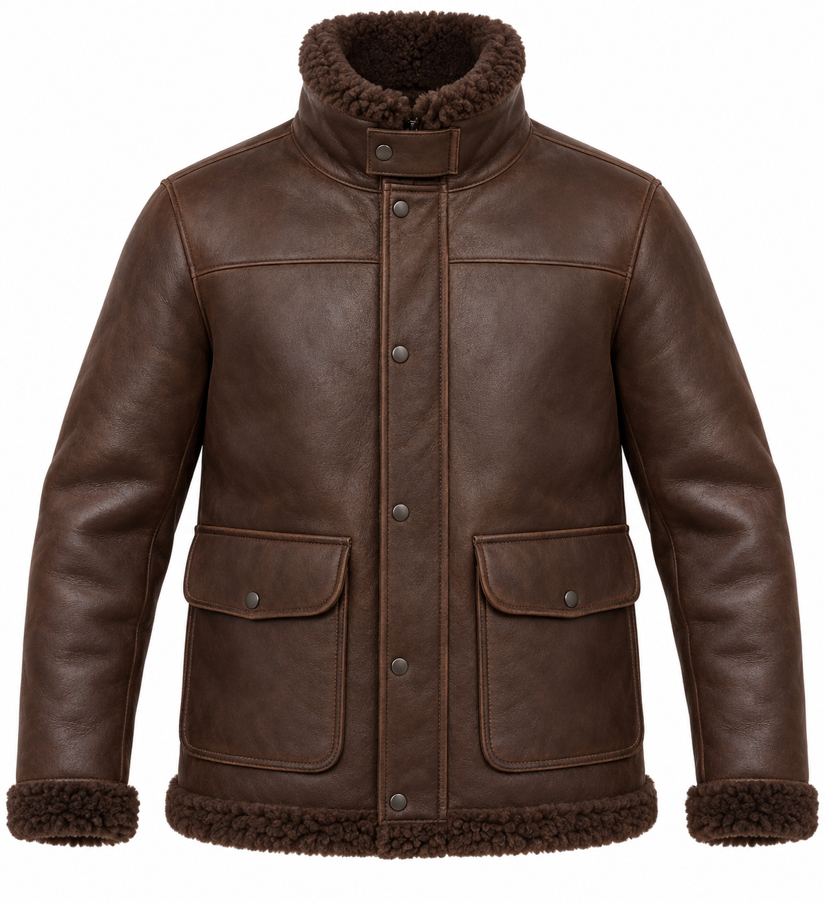SH074 men's brown shearling jacket front view