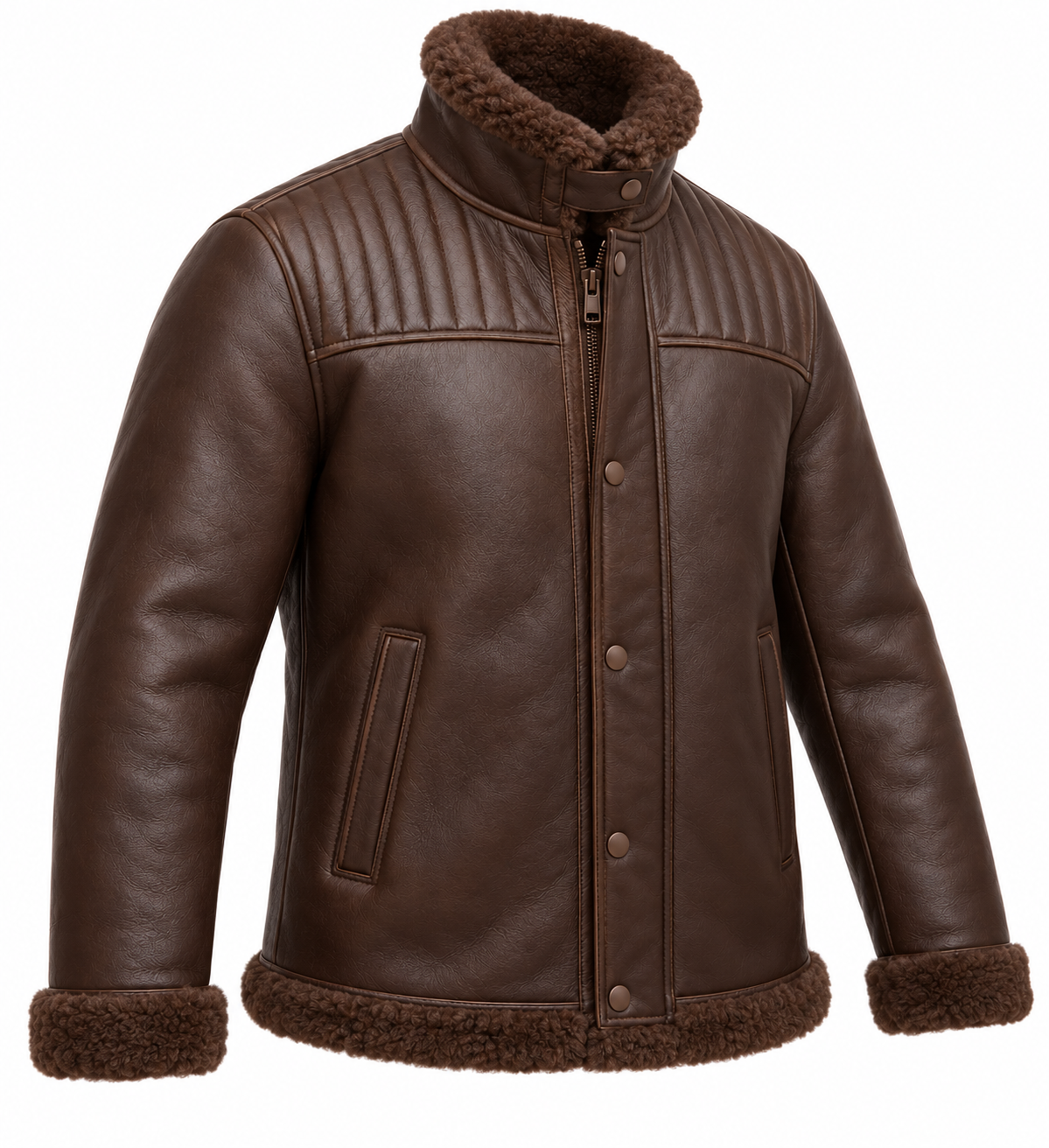 SH077 men's brown shearling jacket angle view