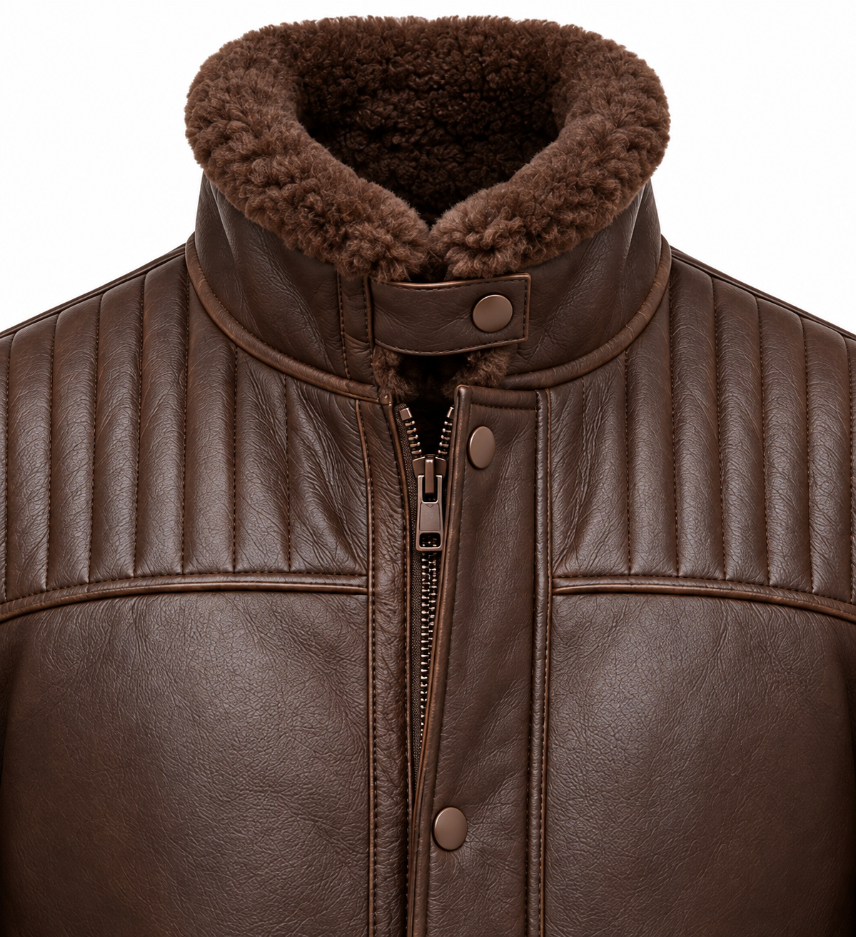 SH077 men's brown shearling jacket detail view