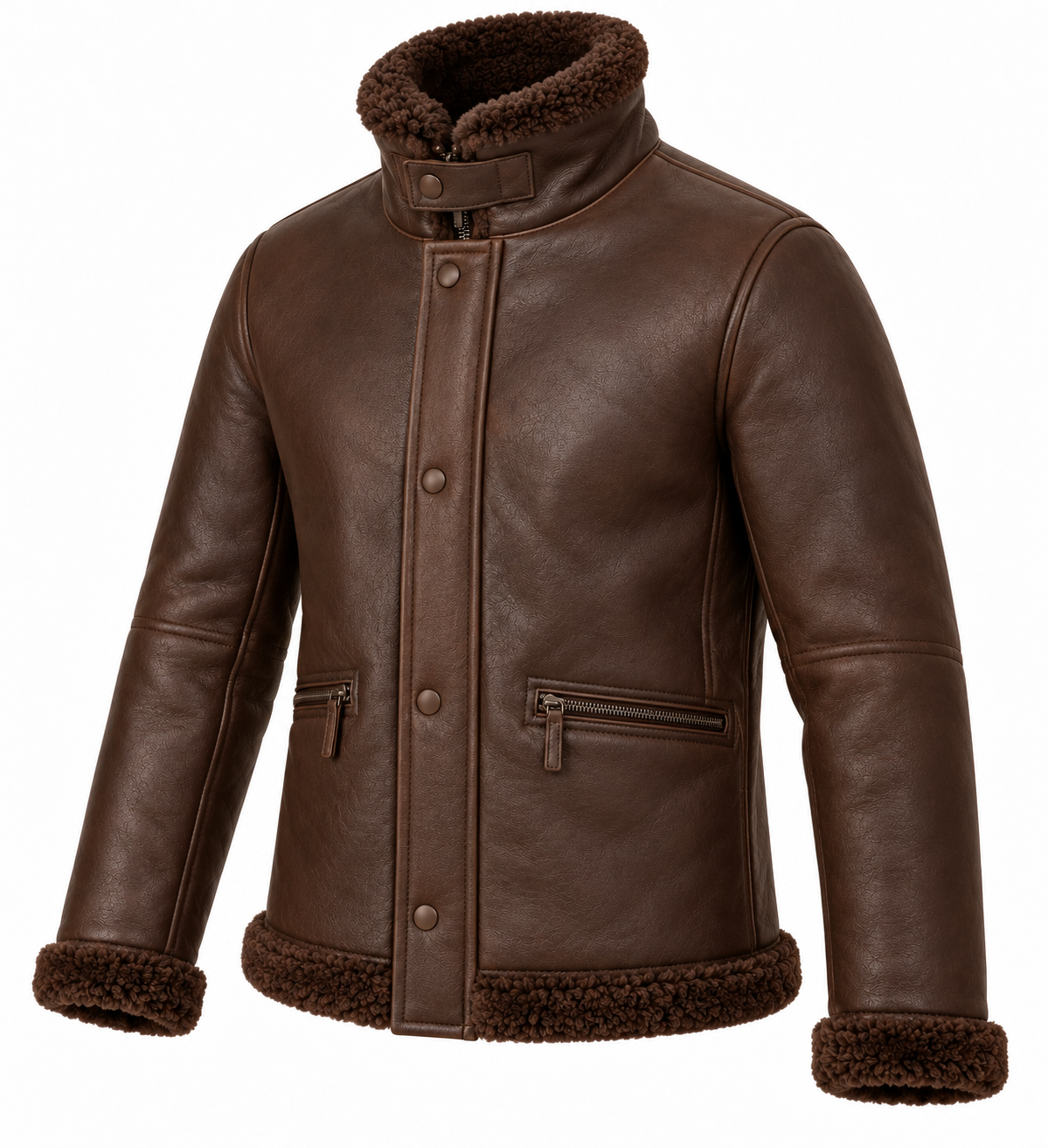 SH078 men's brown shearling jacket angle view