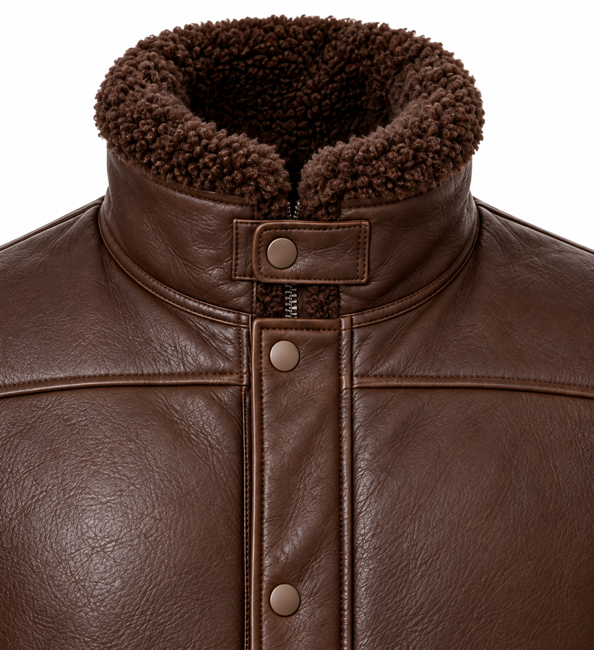 SH079 men's brown shearling jacket detail view