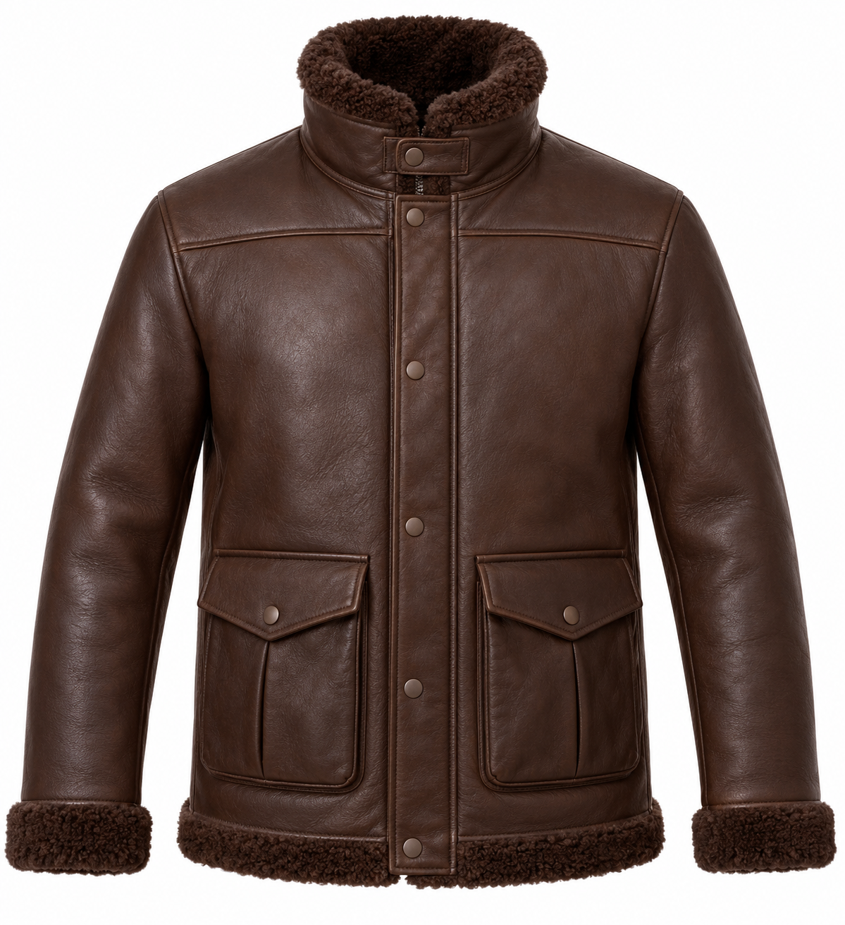 SH079 men's brown shearling jacket front view