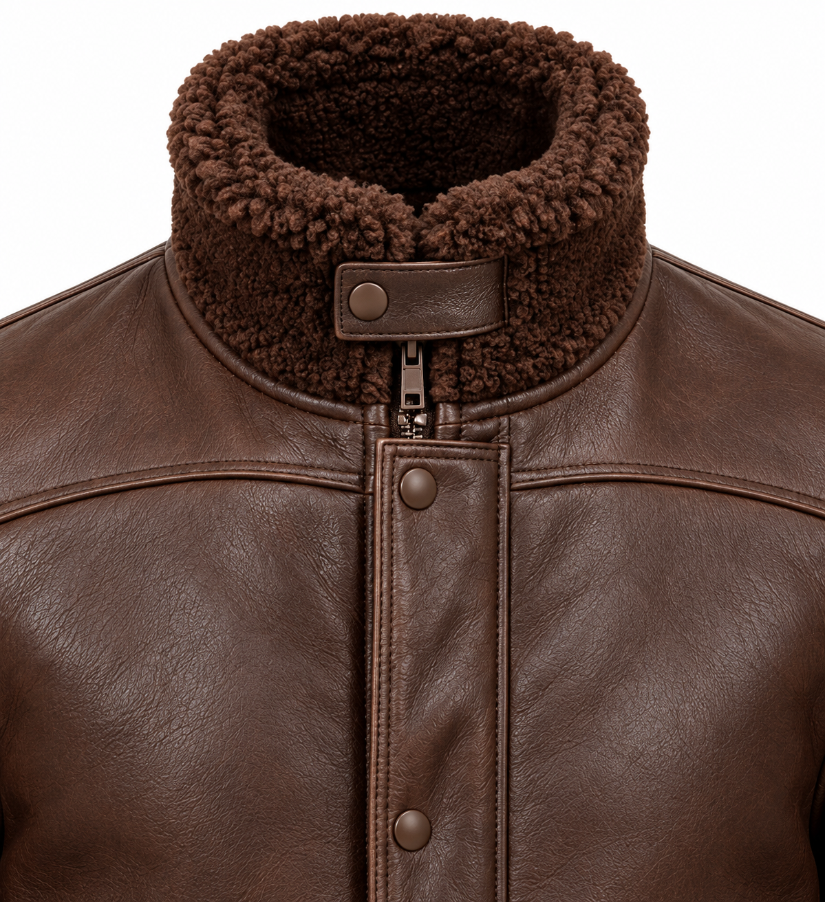 SH080 men's brown shearling jacket detail view