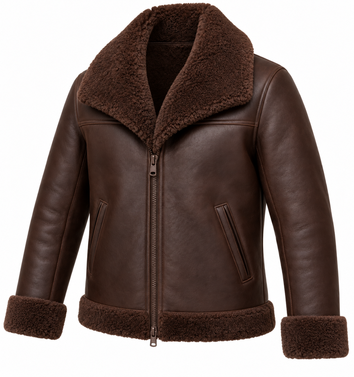 SH081 men's brown shearling jacket angle view