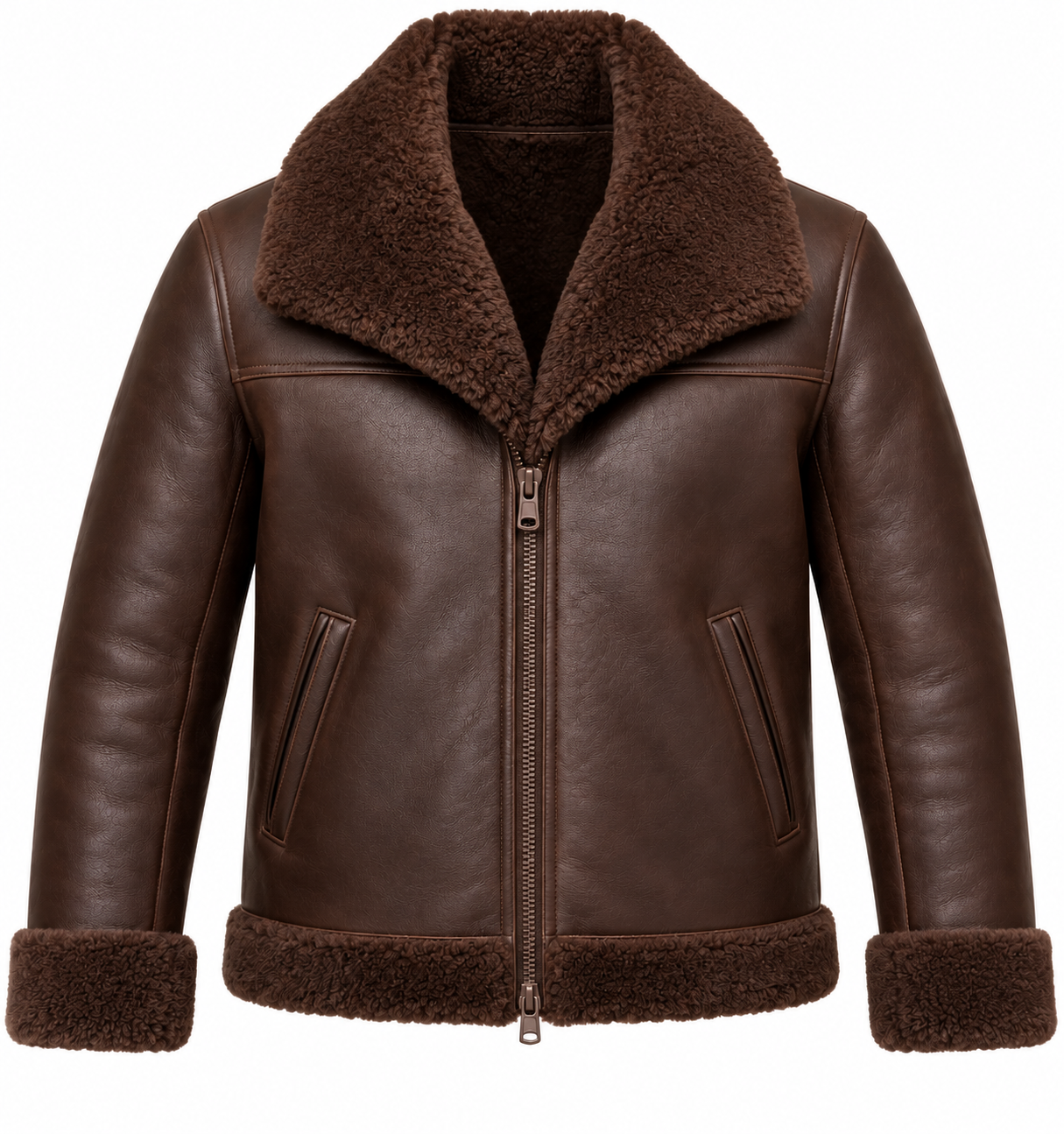 SH081 men's brown shearling jacket detail view