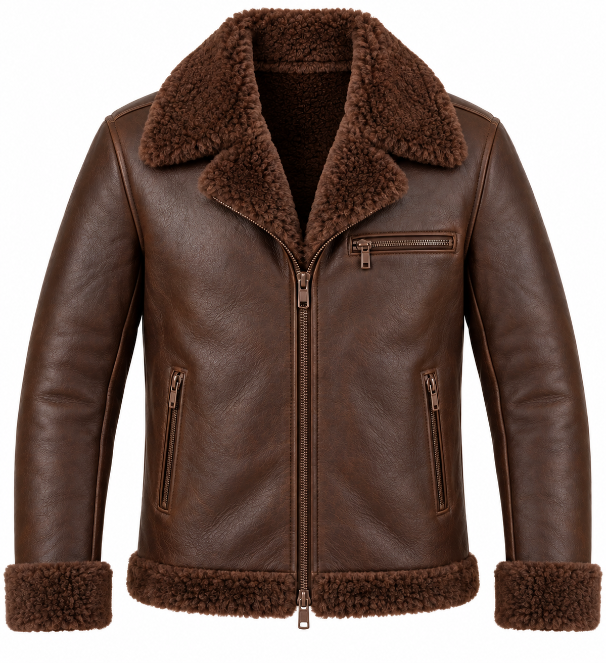 SH082 men's brown shearling jacket detail view