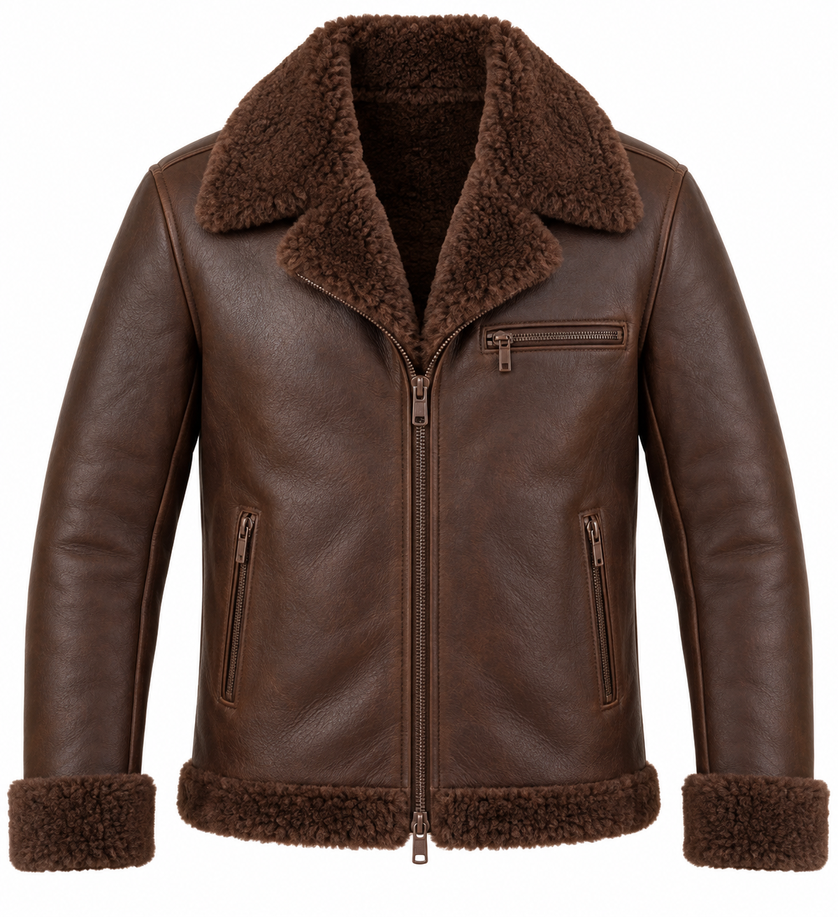 SH082 men's brown shearling jacket front view