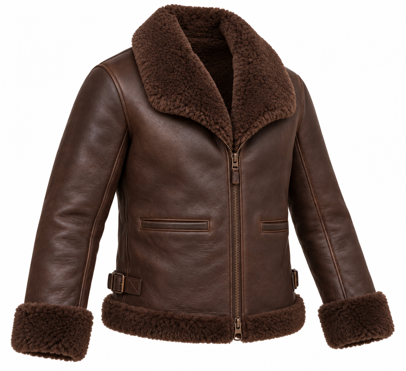 SH083 men's brown shearling jacket angle view