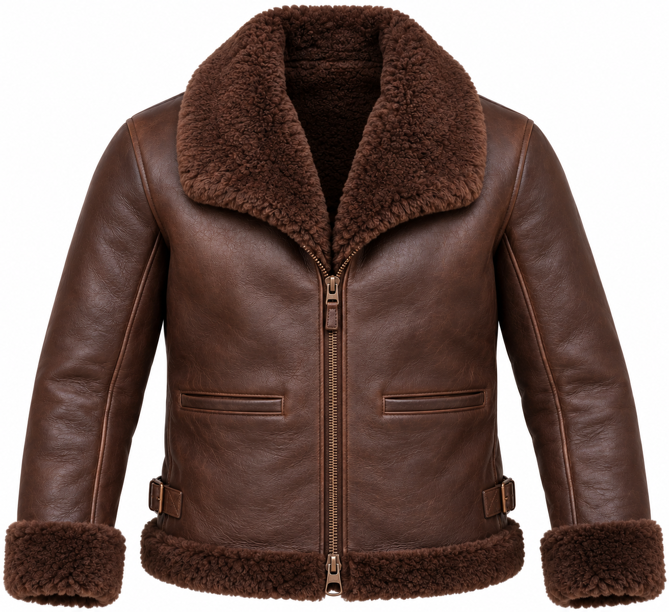 SH083 men's brown shearling jacket detail view