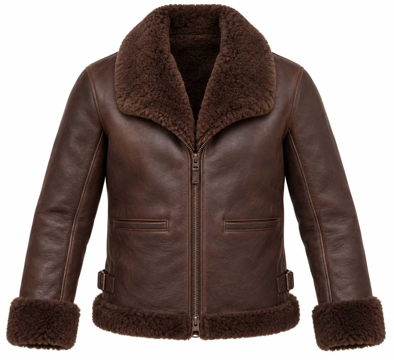 SH083 men's brown shearling jacket front view
