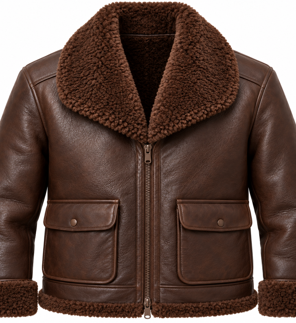 SH084 men's brown shearling jacket detail view
