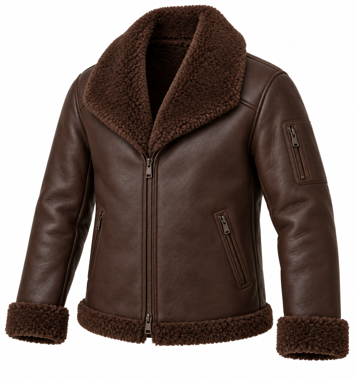 SH086 men's brown shearling jacket angle view