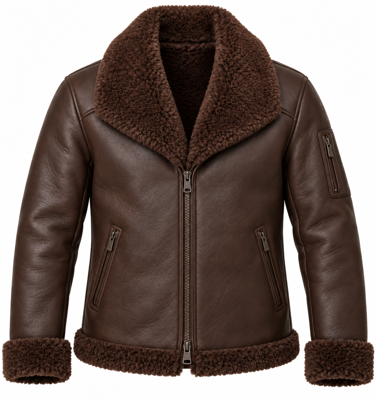 SH086 men's brown shearling jacket detail view