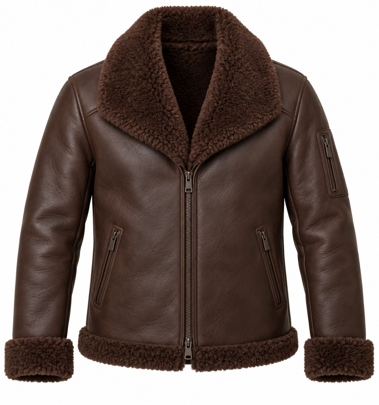 SH086 men's brown shearling jacket front view
