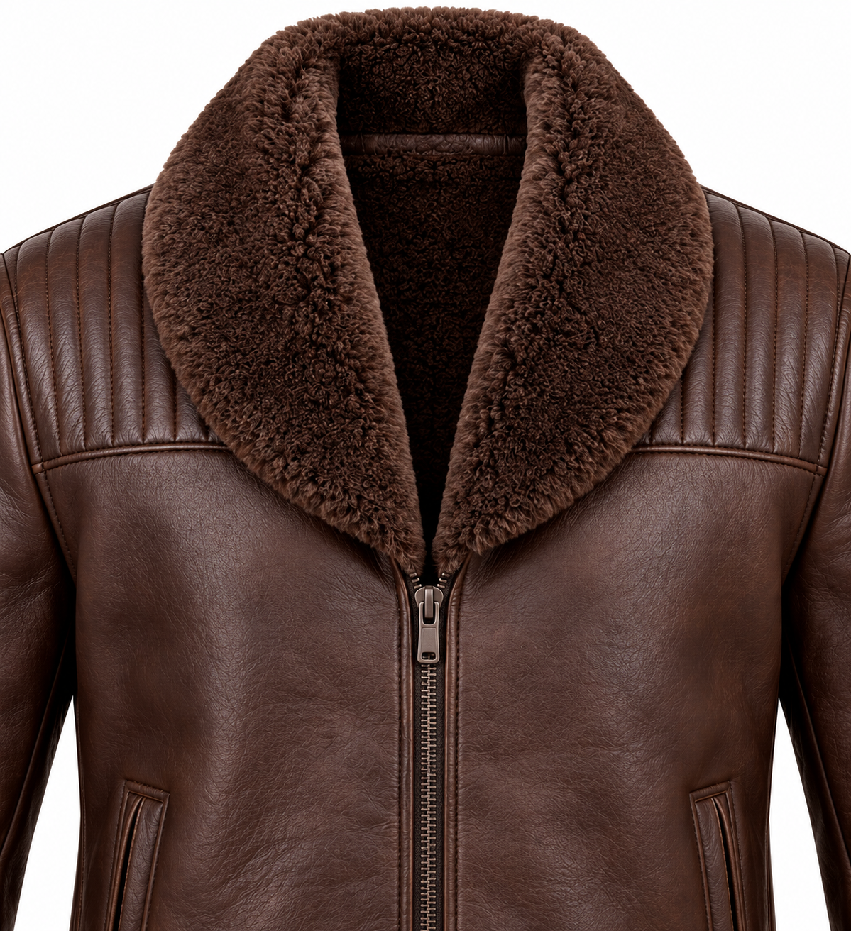 SH087 men's brown shearling jacket detail view