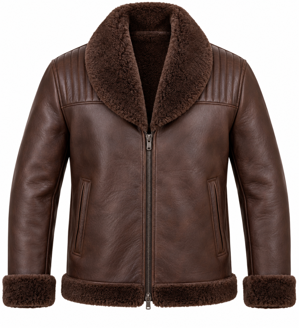 SH087 men's brown shearling jacket front view