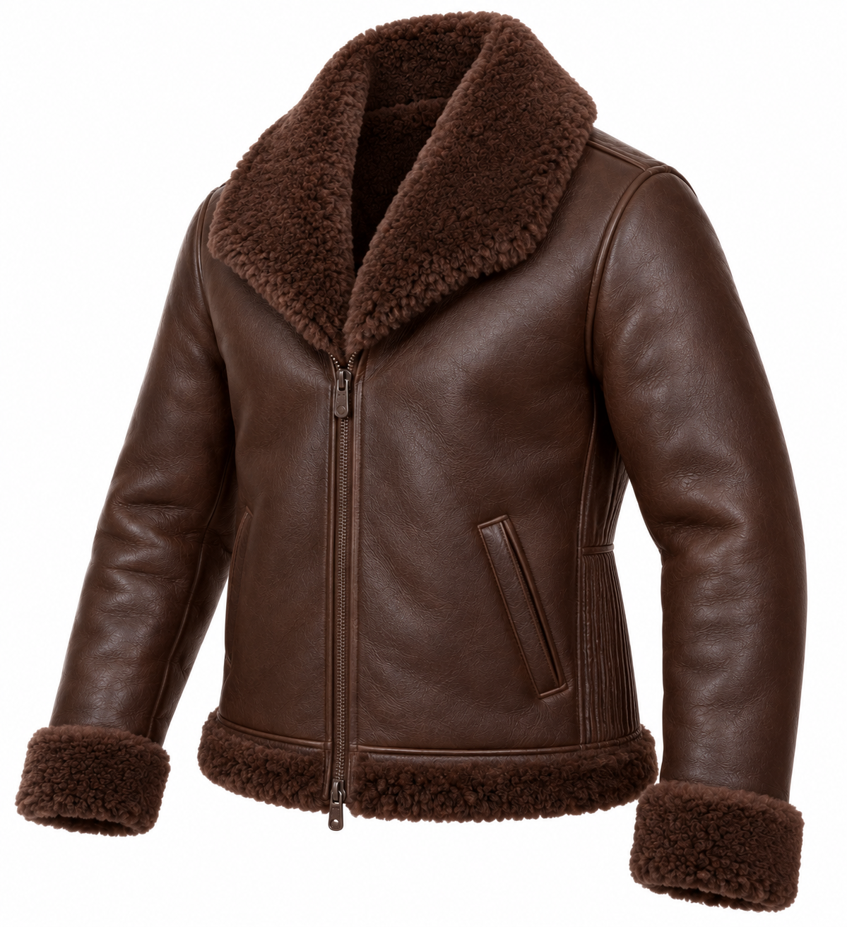 SH090 men's brown shearling jacket angle view