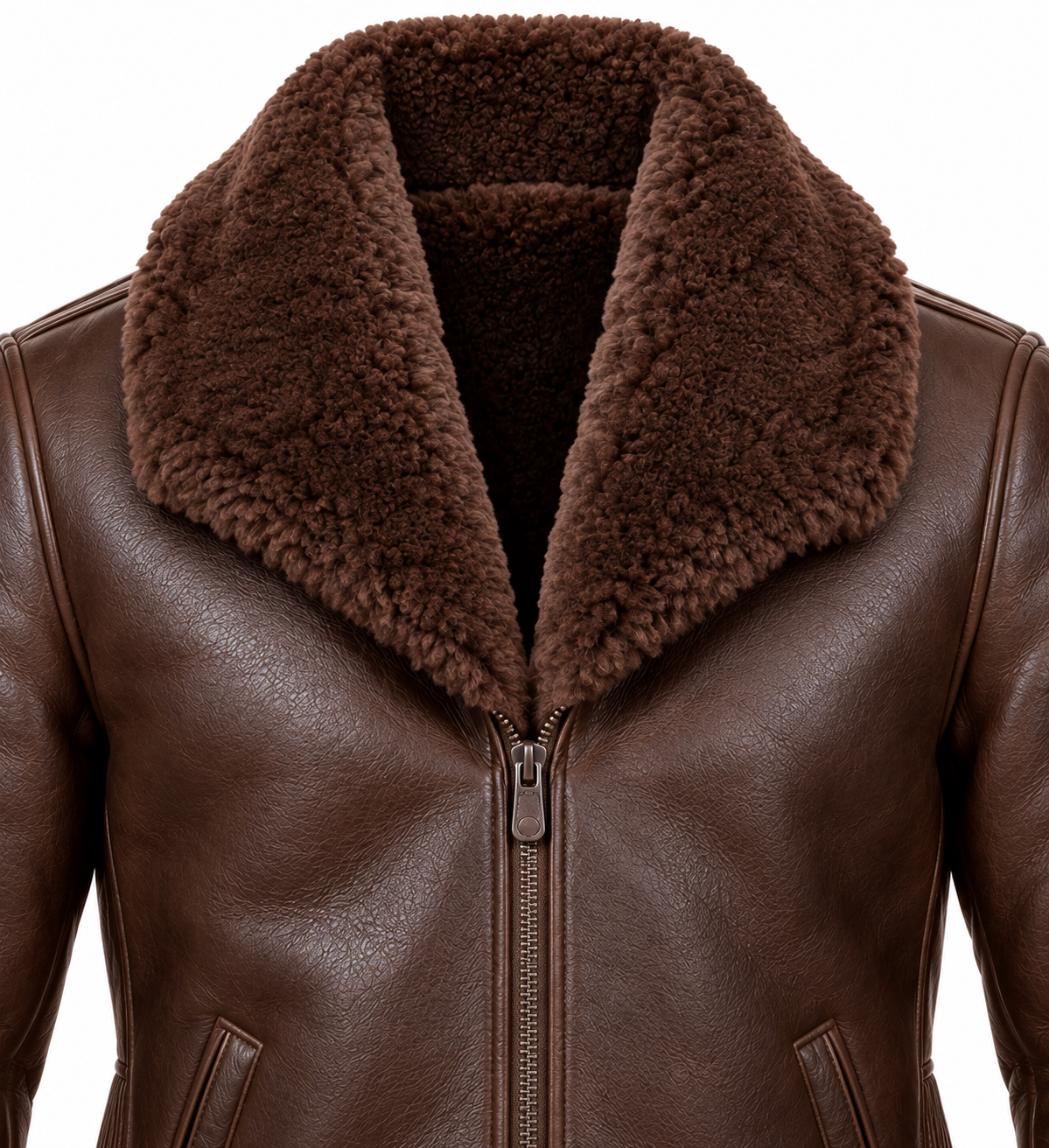 SH090 men's brown shearling jacket detail view