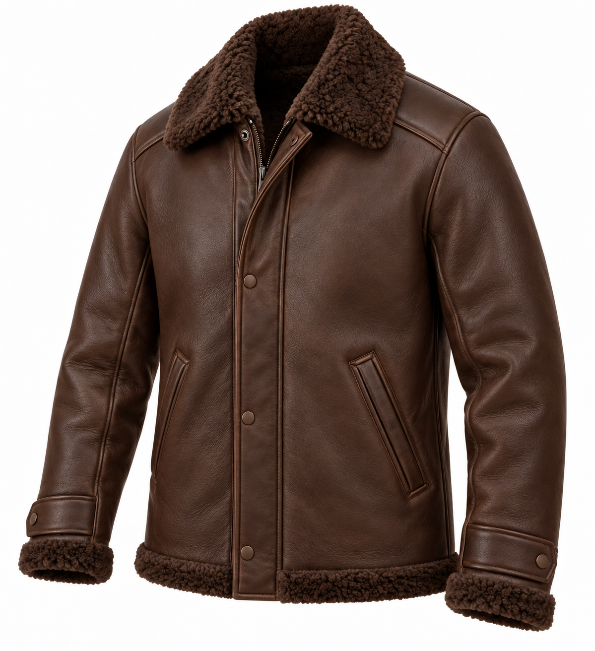 SH091 men's brown shearling jacket angle view