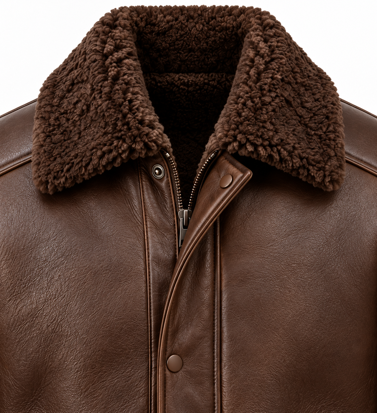 SH091 men's brown shearling jacket detail view