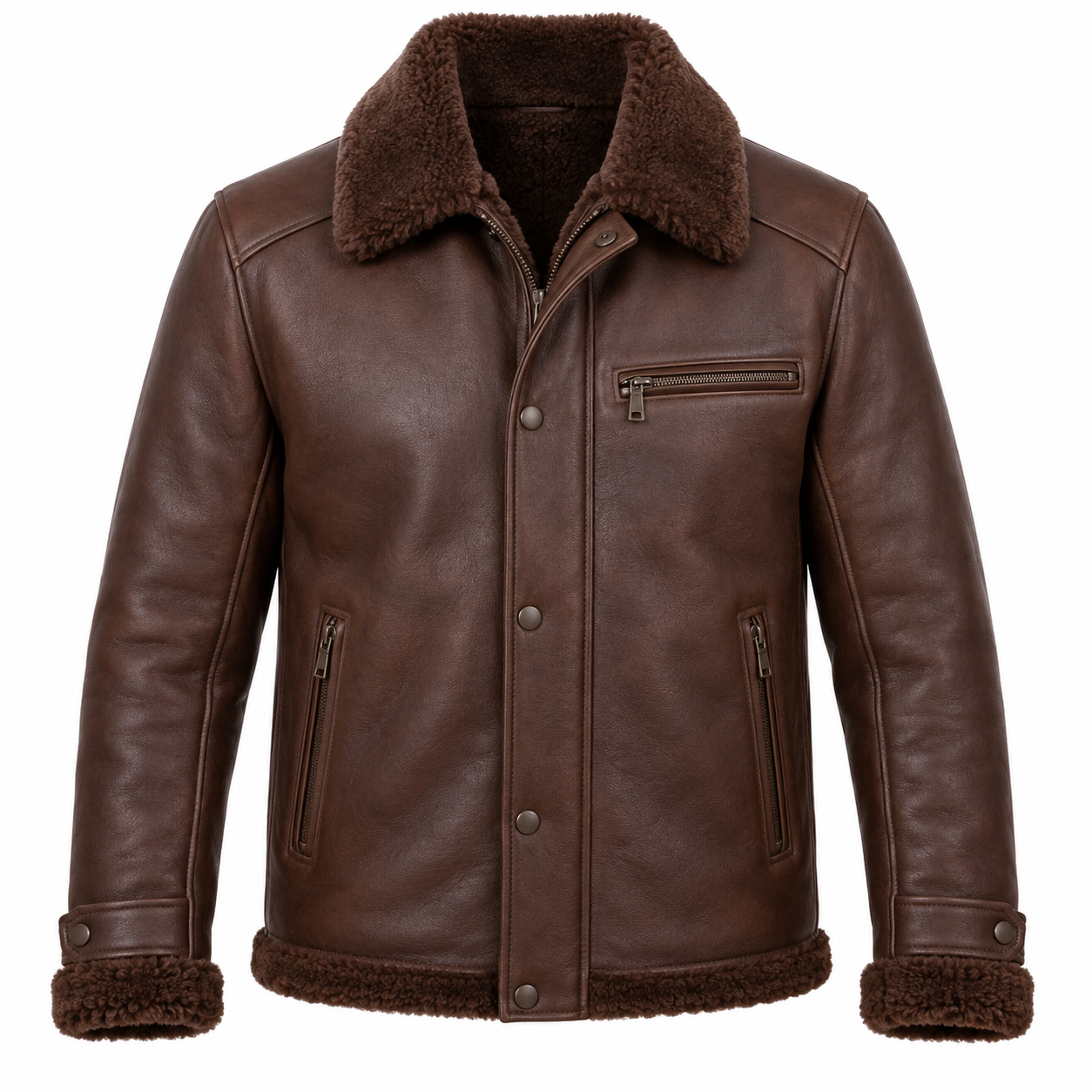 SH092 men's brown shearling jacket front view