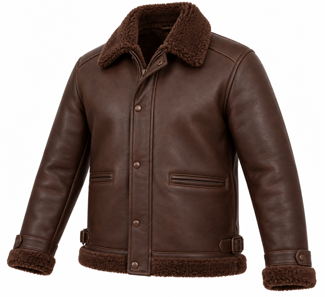 SH093 men's brown shearling jacket angle view