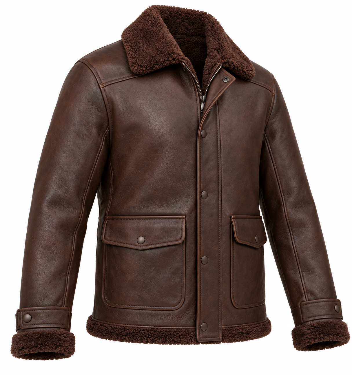 SH094 men's brown shearling jacket angle view